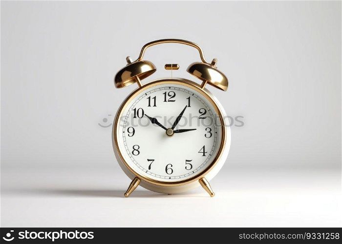Gold alarm clock on white background. Generative AI