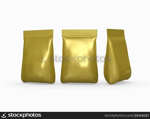 Gold aluminium foil bag packet with clipping path, Packaging or wrapper for sweet, snack, milk powder, coffee, salt, sugar, powder,detergent, seed, or cereal ready for your design or artwork&#xA;