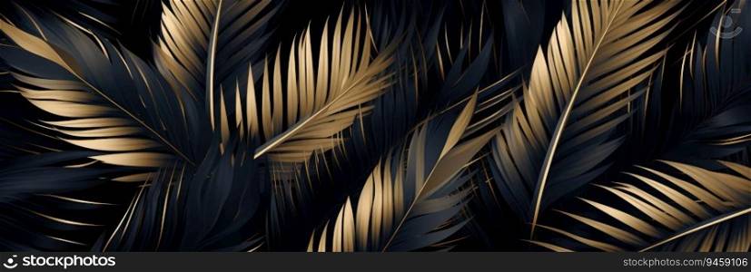 Gold and gray tropical palm leaves on a black background. Luxury nature background.