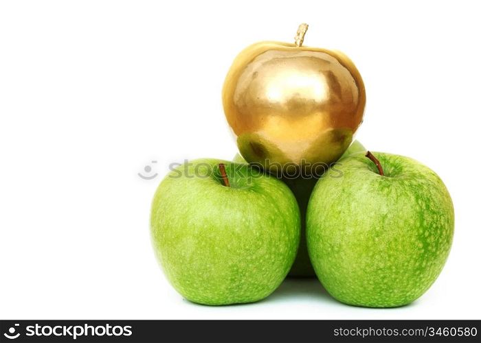 gold and green apples on white background