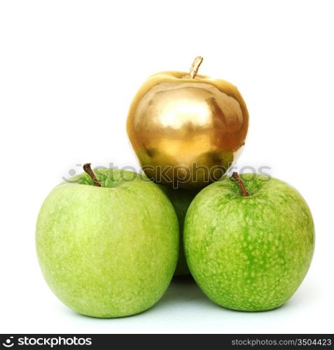 gold and green apples on white background