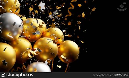 Gold and silver balloon with foil confetti falling on black background 3d render