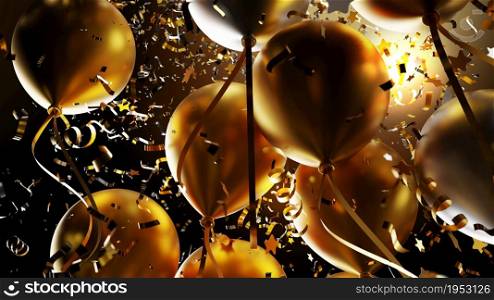 Gold and silver balloon with foil confetti falling on black background 3d render