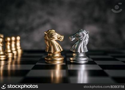 Gold and Silver Chess on chess board game for business metaphor leadership concept 