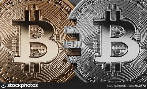 Gold and silver coins bitcoin on a black background. The concept of blockchain technology and money transfers. Mastercard analog concept. Cryptocurrency and blockchain trading concept. Can be used for video or site cove. Two coins bitcoin on a black background money transfer concept.