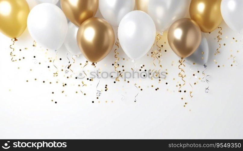 Gold and White Balloons on White with Copy Space