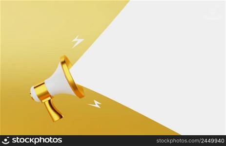 Gold and white megaphone announcing white empty blank space message balloon on gold background. Business and marketing concept. 3D illustration rendering