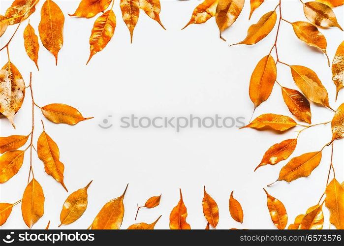Gold autumn leaves frame on white background, top view. Fall foliage layout