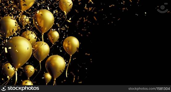 Gold balloon and foil confetti on black background with copy space 3d render