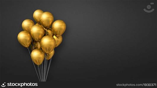 Gold balloons bunch on a black wall background. Horizontal banner. 3D illustration render. Gold balloons bunch on a black wall background. Horizontal banner.