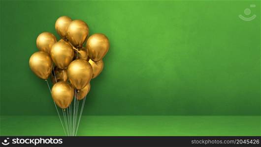 Gold balloons bunch on a green wall background. Horizontal banner. 3D illustration render. Gold balloons bunch on a green wall background. Horizontal banner.