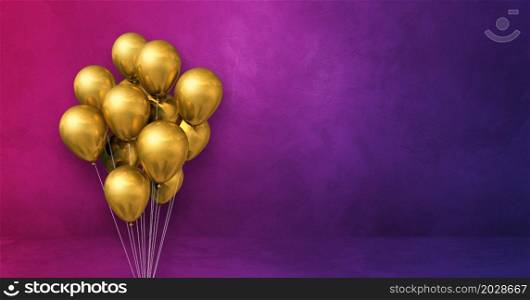 Gold balloons bunch on a purple wall background. Horizontal banner. 3D illustration render. Gold balloons bunch on a purple wall background. Horizontal banner.