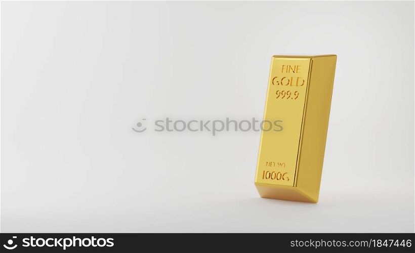 Gold bar or golden brick ingot isolated on white background, money investment savings, 3D rendering illustration