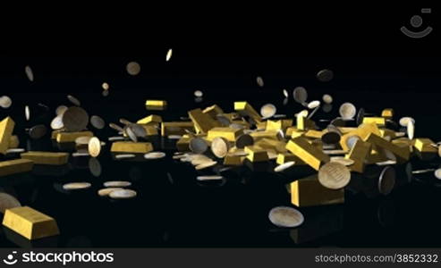 Gold bars and euro coins falling on reflective floor,Alpha Channel