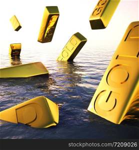 Gold bars mean wealth treasure and Riches. Ingots of bullion used for reserve money - 3d illustration. Gold Bars Sinking Showing Depression Recession And Economic Downturn
