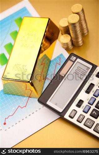 Gold bars with a linear graph, ambient financial concept