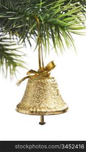 gold bell on the Christmas tree isolated on white background