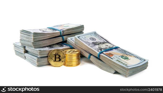 Gold bitcoin coin of dollar bills isolated on white background cryptocurrency mining concept.