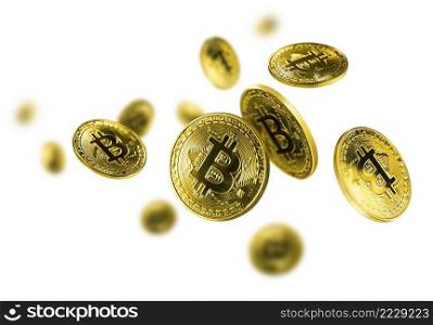 Gold Bitcoin coins flying on a white background.. Gold Bitcoin coins flying on a white background