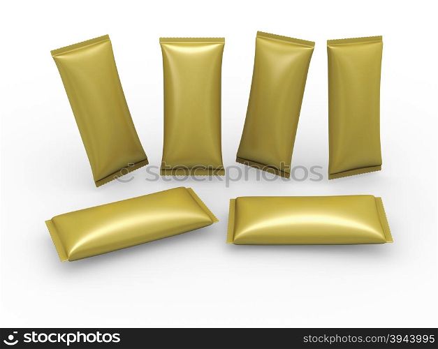 Gold blank flow wrap packet with clipping path, packaging or wrapper for Chocolate ,cookies, biscuit, milk bar, wafers, crackers, snacks or any kind of food