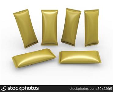 Gold blank flow wrap packet with clipping path, packaging or wrapper for Chocolate ,cookies, biscuit, milk bar, wafers, crackers, snacks or any kind of food