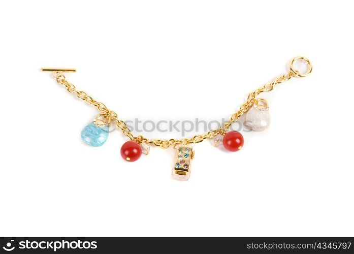 gold bracelet with pendent elements isolated on a white background