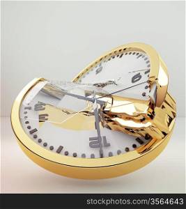 gold broken clock on light background; broken time; spending time