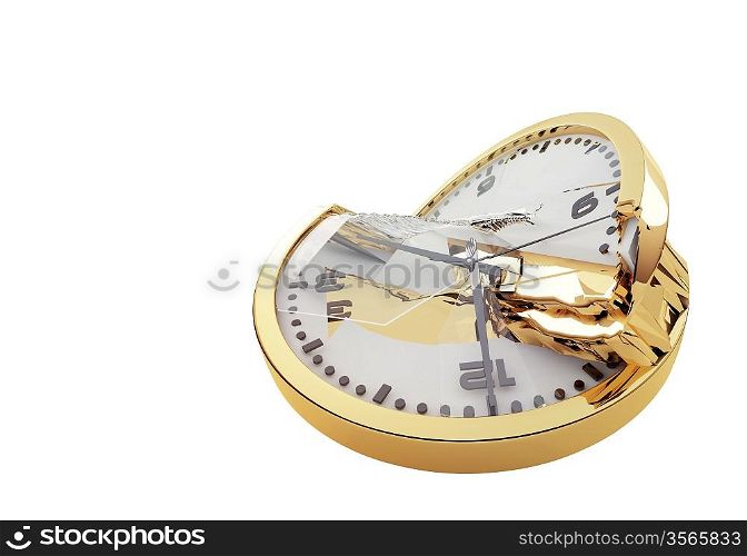 gold broken clock on light background; broken time; spending time; on white background