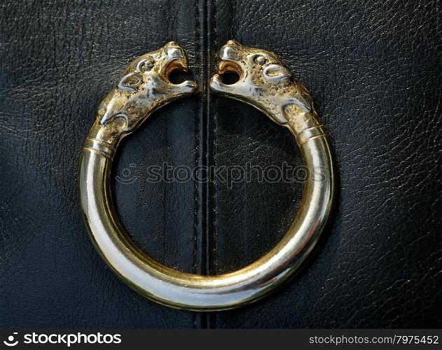 Gold buckle Leopard on black leather background