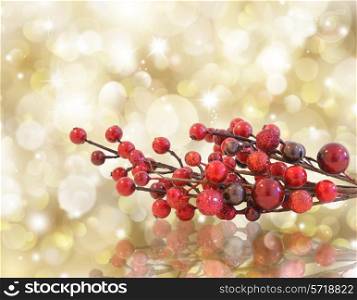 Gold Christmas background with red berries. bokeh lights and stars