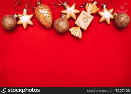 Gold Christmas balls and toys on a blue background.. Christmas balls and toys on a blue background
