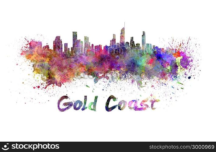 Gold Coast skyline in watercolor splatters with clipping path. Gold Coast skyline in watercolor