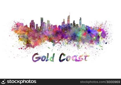 Gold Coast skyline in watercolor splatters with clipping path. Gold Coast skyline in watercolor