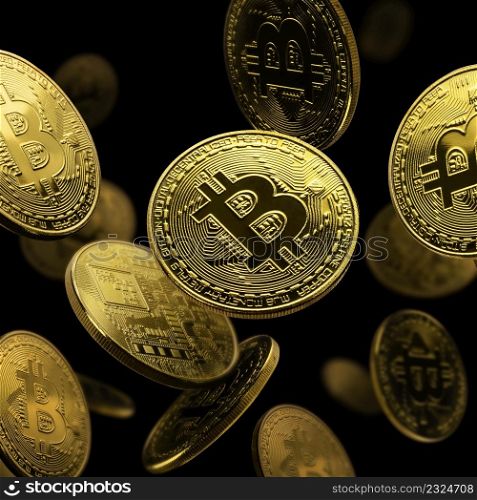 Gold coin Bitcoin levitates on a black background.. Gold coin Bitcoin levitates on a black background