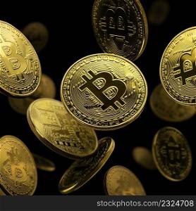 Gold coin Bitcoin levitates on a black background.. Gold coin Bitcoin levitates on a black background