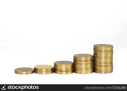 Gold coin pile isolated on white background.