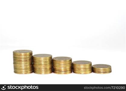 Gold coin pile isolated on white background.