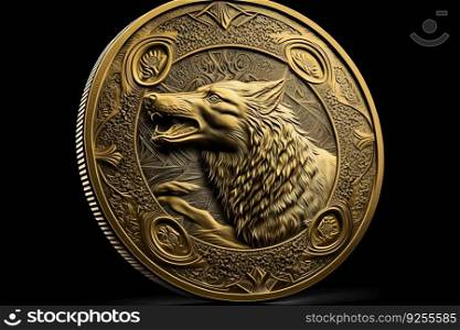 Gold coin with the ima≥of a wolf. Neural≠twork AI≥≠rated. Gold coin with the ima≥of a wolf. Neural≠twork AI≥≠rated art
