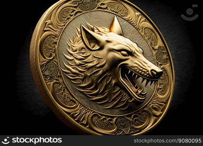 Gold coin with the image of a wolf. Neural network AI generated. Gold coin with the image of a wolf. Neural network AI generated art