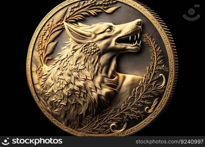 Gold coin with the image of a wolf. Neural network AI generated. Gold coin with the image of a wolf. Neural network AI generated art