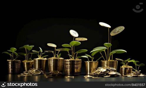 Gold coins and seedlings on black background. Financial growth concept.