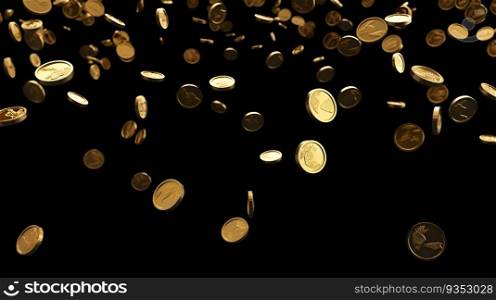 Gold coins falling from the top on black background. Generative AI