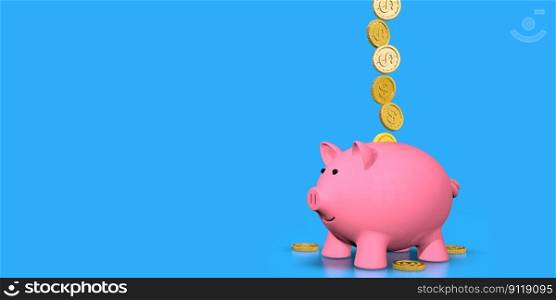 Gold coins falling into pink ceramic piggy bank standing against blue background. Image with copy space. 3D Illustration. Gold coins falling into pink ceramic piggy bank standing against blue background