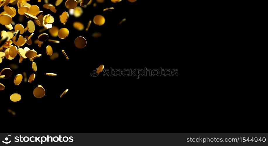 Gold coins falling on black background with copy space 3D render