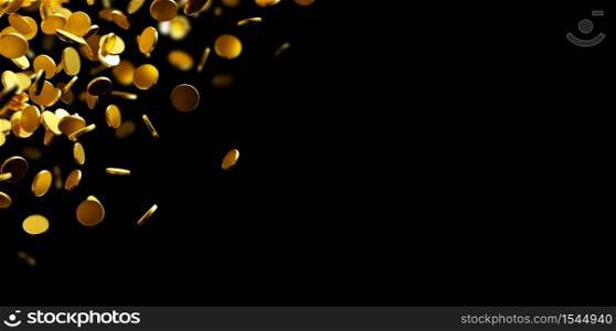 Gold coins falling on black background with copy space 3D render