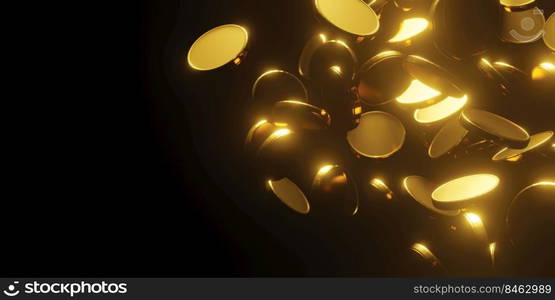 Gold coins falling on black background with copy space 3D render