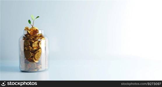 Gold coins with tree in transparent  jar with copy space 3D render