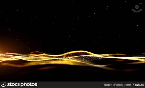 Gold color digital particles wave flow abstract technology background concept