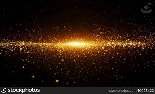 Gold color digital particles wave flow and light flare. Abstract technology background.
