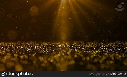 Gold color digital particles wave flow and light flare. abstract technology background concept